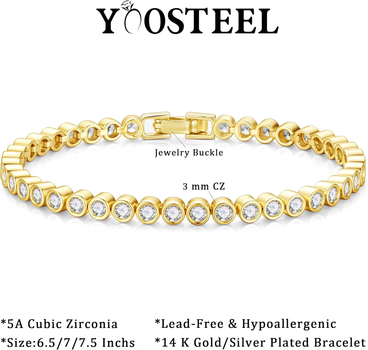 Yoosteel 14K-Gold/White-Gold-Plated Tennis Bracelets for Women - 3mm Cubic Zirconia Classic Bracelet for Women Dainty Trendy CZ Jewelry Gift 6.5/7/7.5 Inch - Image 5