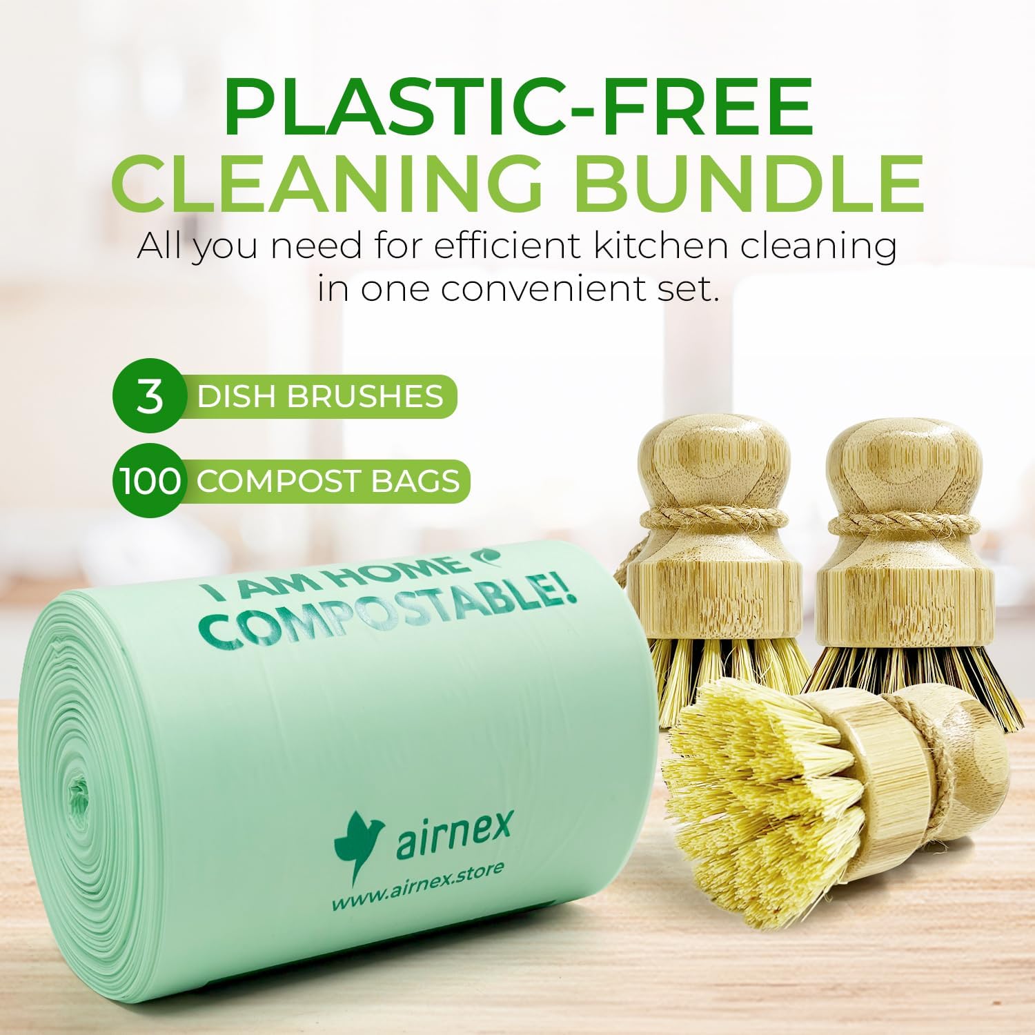 AIRNEX 100 Count Compost Bags for Countertop Bin 8 Gal & Bamboo Dish Brushes Set of 3-100% Compostable Trash Bags made of Cornstarch - Medium Stiff Sisal and Strong Blend of Coconut Bristles Brushes