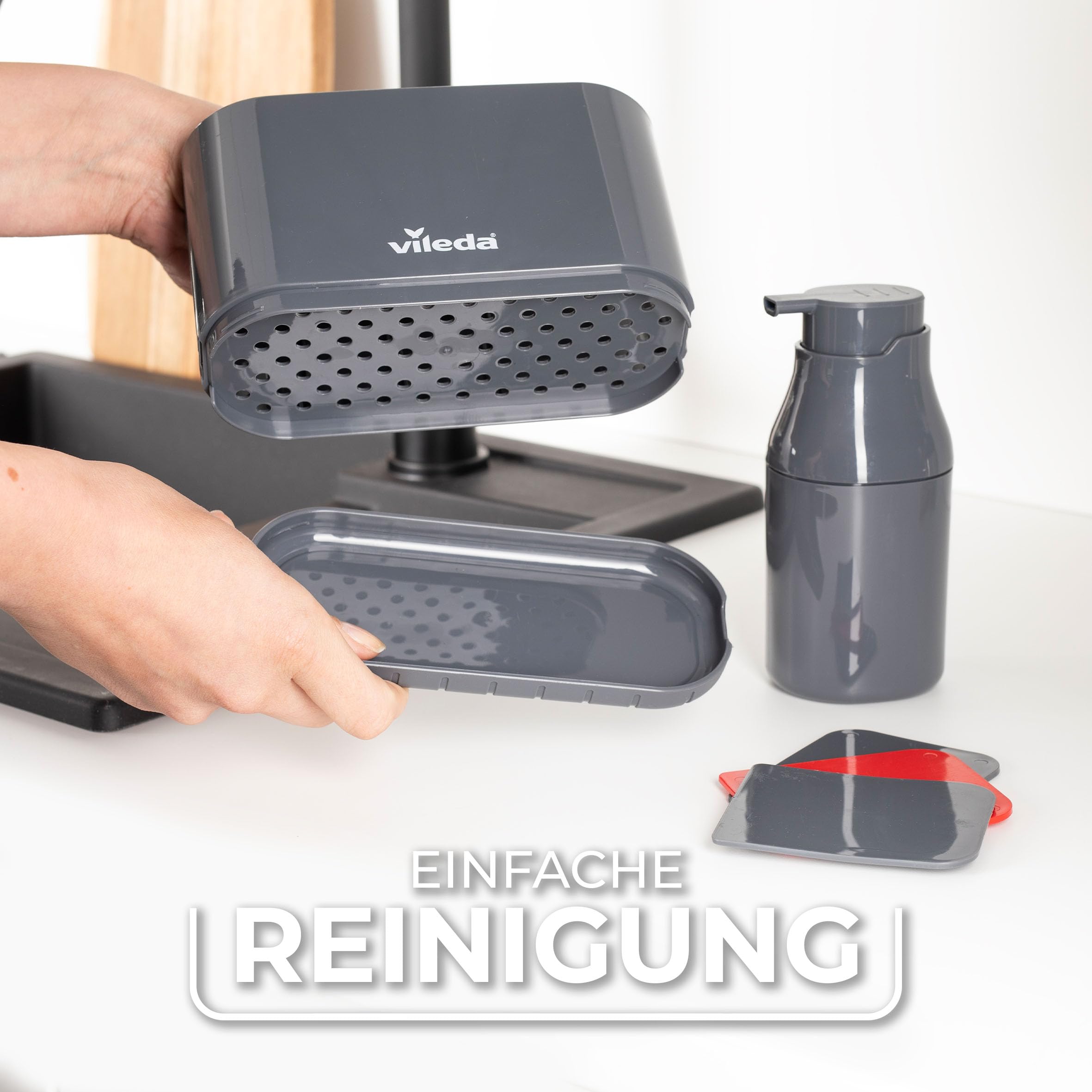 vileda Spülbecken Organizer mit Spülmittelspender Kunststoff - frei stehender Schwammhalter Küche - Spülorganizer mit Seifenspender für Schwämme & Bürsten - Langlebig & Rostfrei