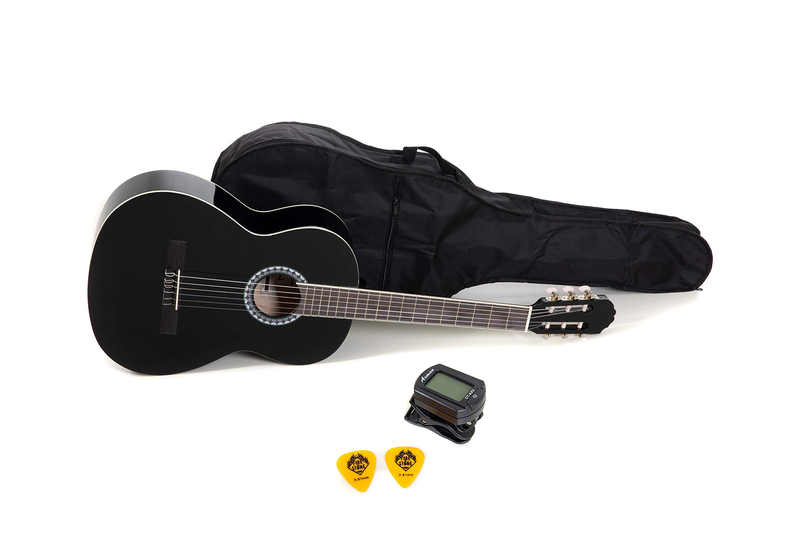 GEWA Chitarra classica, Chitarra Basic, corpo tiglio, tastiera in legno di pakka, meccaniche cromate, Set 3/4 nero, inclusa borsa, accordatore, plettri