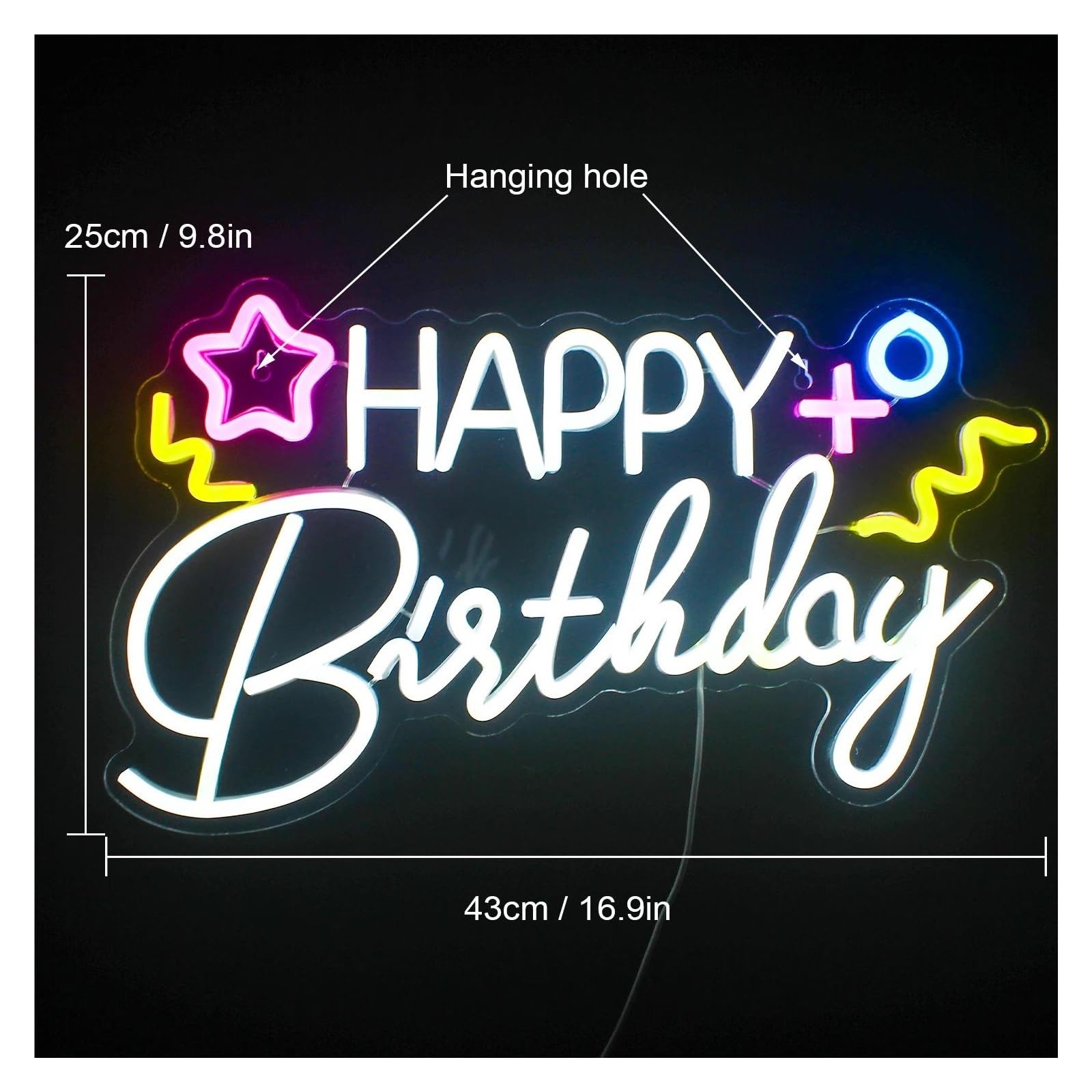 Decoración Lámparas Happy Birthday Letrero De Neón Lámpara De Pared Con Letreros De Letras Artísticas Regulables Alimentada Por USB, Para Tienda Decoración De Pared 25cm×43cm