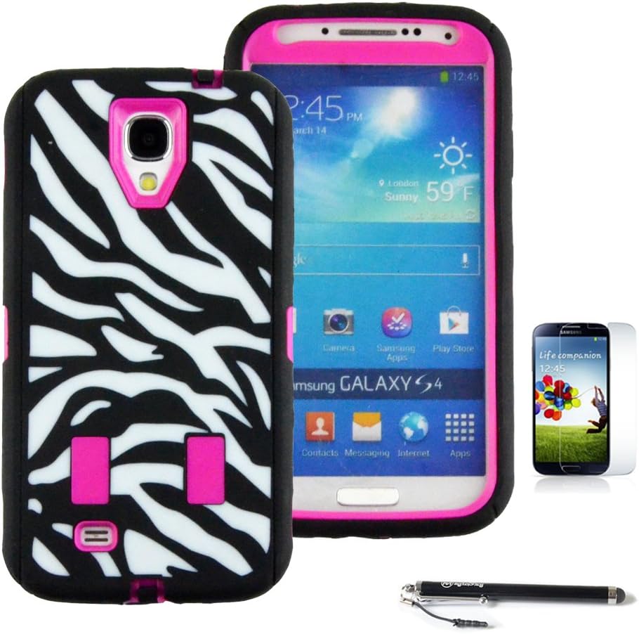 MagicSky Hot Pink Zebra Hybrid Impact Combo Hard Rubber Case for Samsung Galaxy S4 S IV i9500 + Screen Protector + MagicSky Stylus - 1 Pack - Retail Packaging