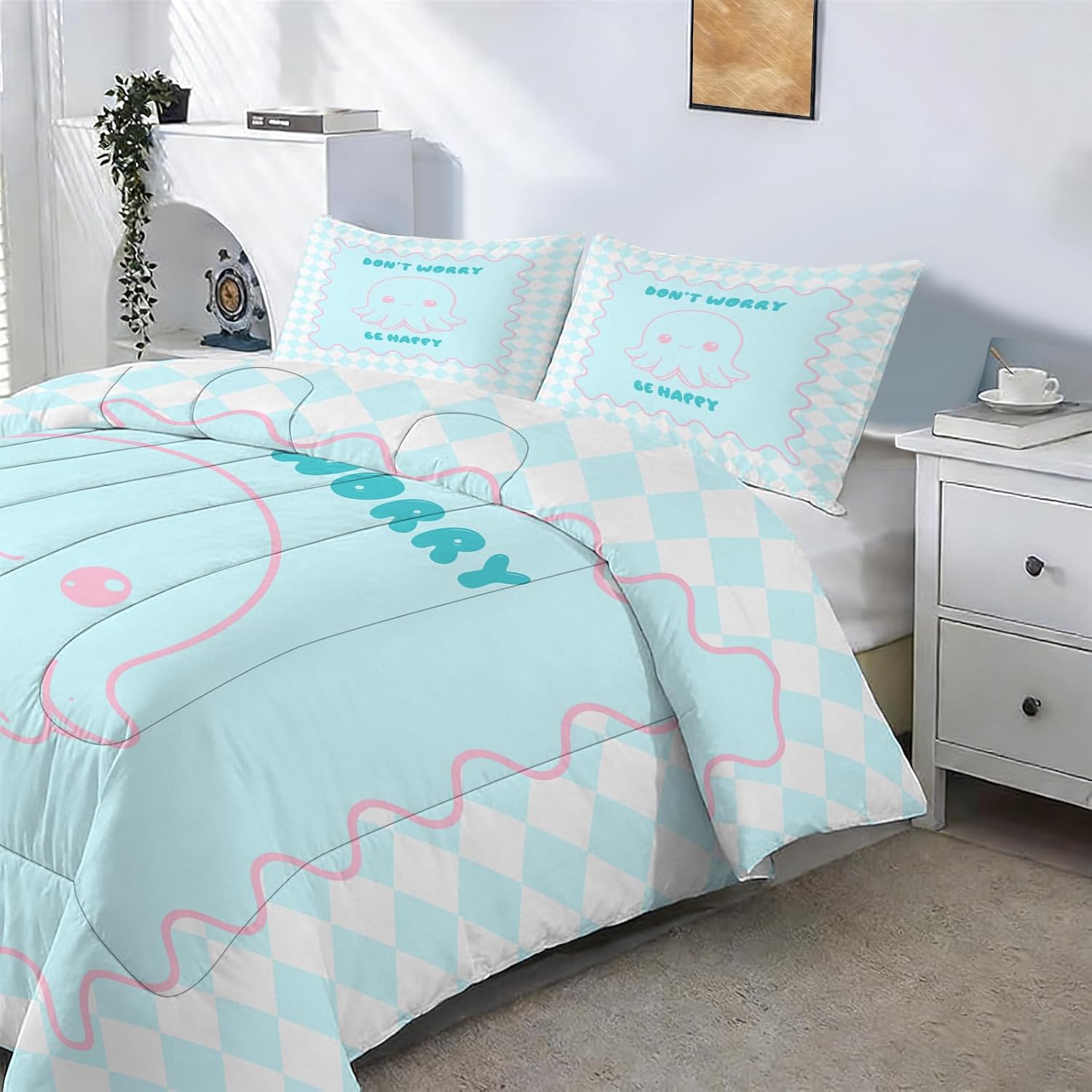 Cute Ocean Animal Comforter Set Queen Size Pink Blue Bedding Set for Girls Boys Kids Teens Funny Octopus Quilt Duvet Bed Set Sea Animals Bedroom Decor, 1 Comforter & 2 Pillowcases