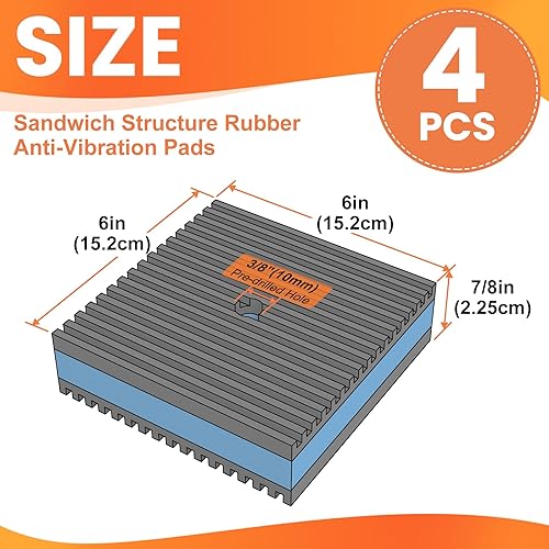 Miniatura 2 de GCGOODS Almohadilla de goma antivibración, 6 x 6 x 78 pulgadas, goma acanalada resistente con almohadillas de aislamiento central de EVA azul para