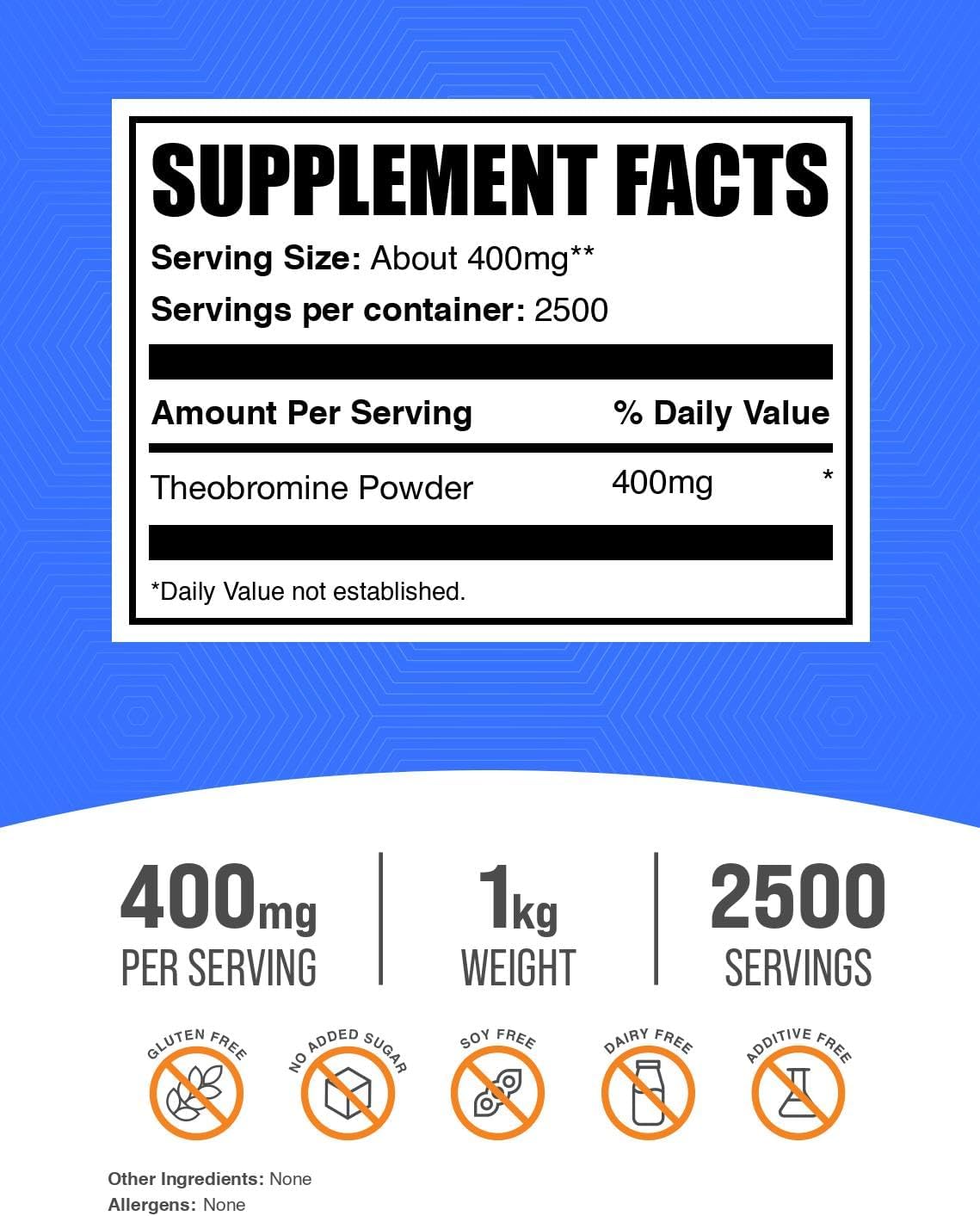 BulkSupplements.com Theobromine Powder - Theobromine Supplement, Nootropic Supplement - Energy Support, Gluten Free, 2500 Servings, 1kg (2.2 lbs) (Pack of 1)
