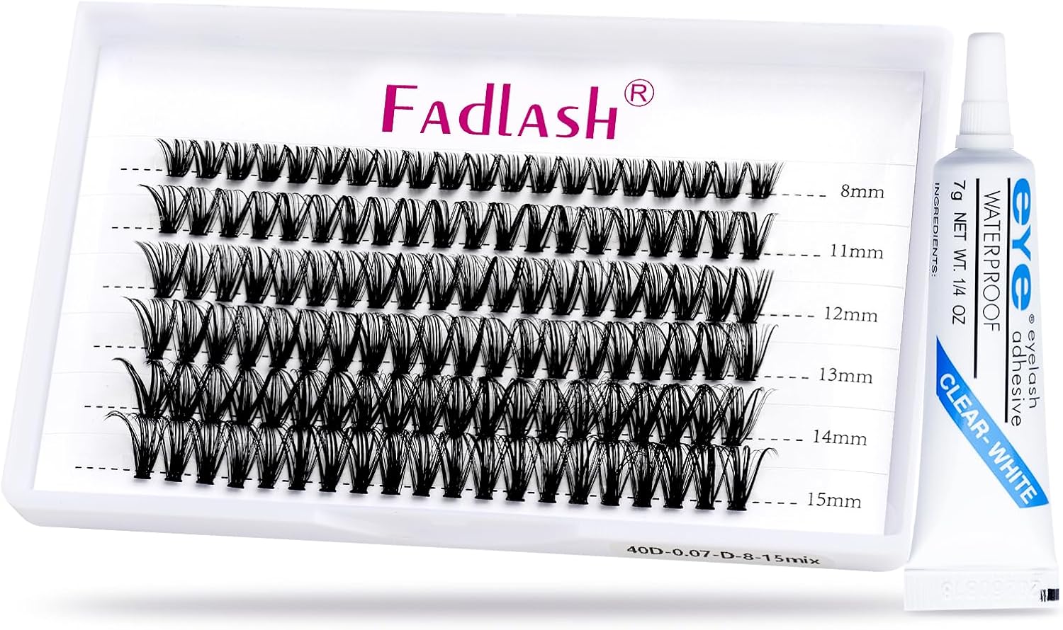 Fadlash DIY Eyelash Extension Set Individual Eyelashes, Eyelashes Glue and Seal, Cluster Eyelashes Eyelash Extension Set 30D 0.07 D Curl 8-15 mm