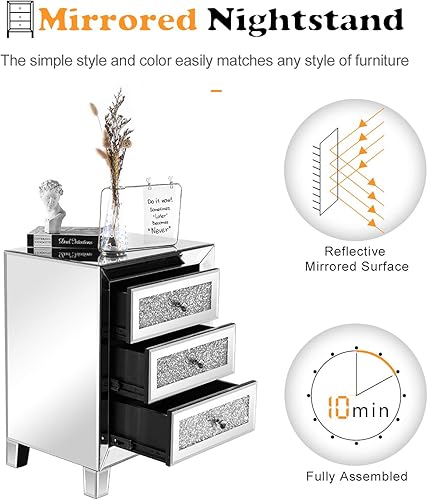 Miniatura 5 de VINGLI Juego de 2 mesitas laterales plateadas para sala de estar mesa de noche contemporánea espejo de dormitorio juego de muebles de vidrio