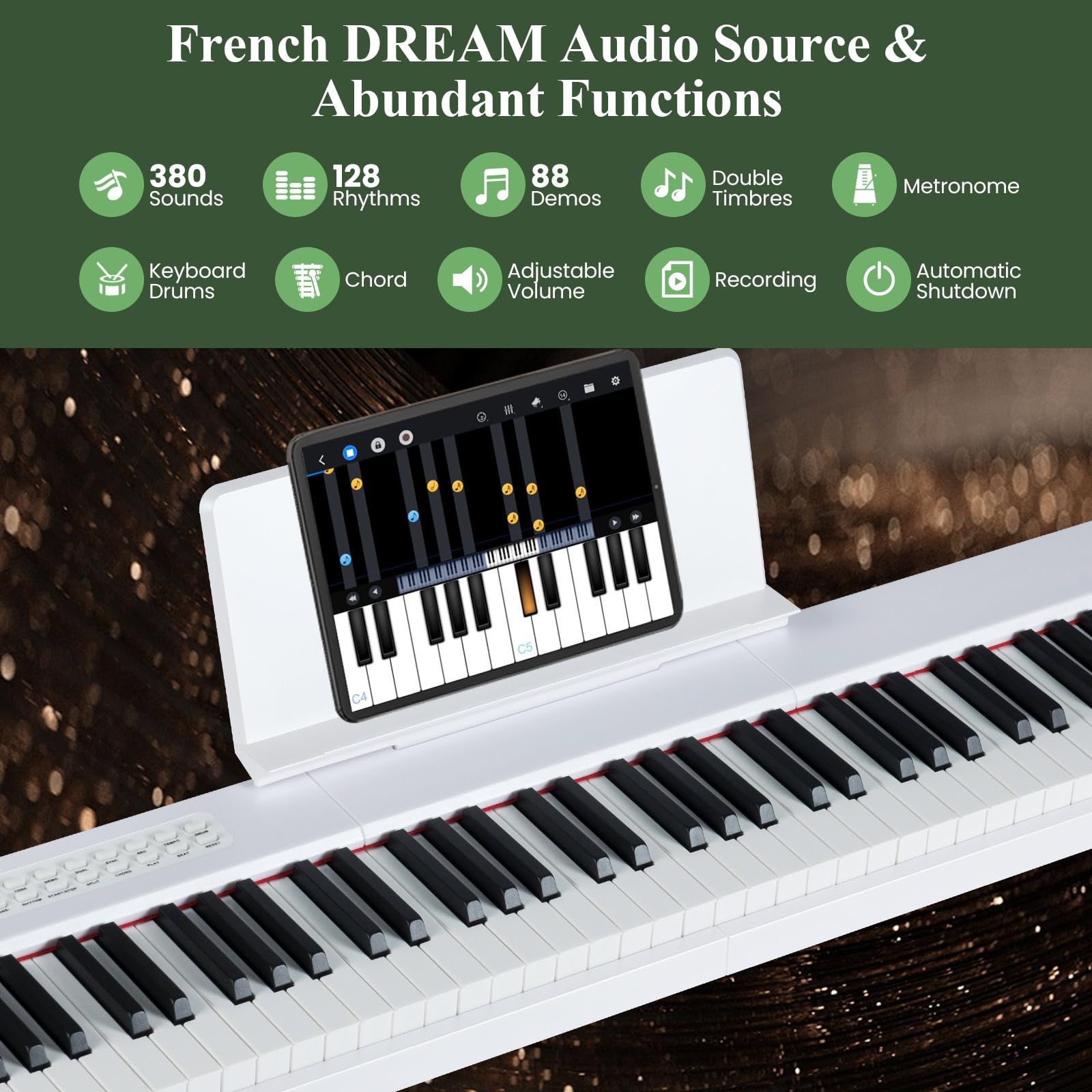 KOMFOTTEU Pianoforte digitale a 88 tasti, tastiera per pianoforte con 380 suoni, 128 ritmi, 88 demo, MIDI, pedale, pianoforte elettrico portatile con supporto per musica, borsa da trasporto (bianco)