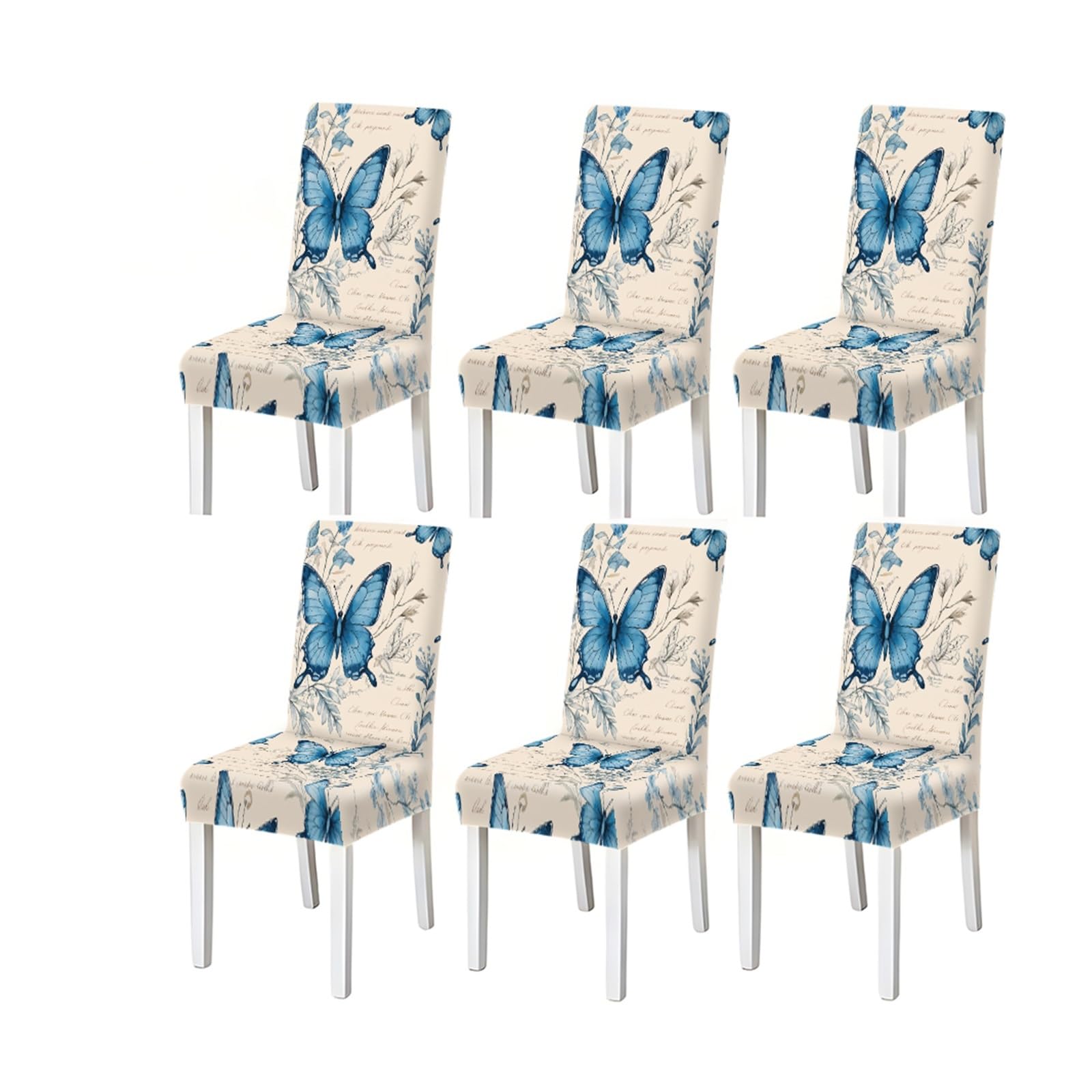 BOSUYBN Vintage Blue Butterfly Botanical Pattern Print Dining Chair Covers Set Of 2/4/6, Stretch Slipcovers For Kitchen Dining Room Furniture Protectors for Home Dining Room(6PCSChair cover)