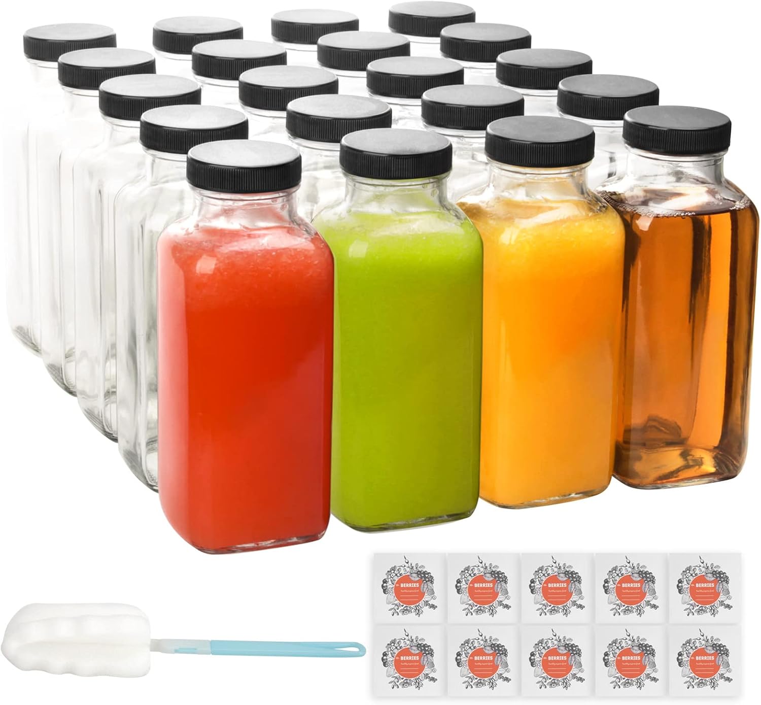 Botellas De Jugo – Paquete De 4 Botellas De Vidrio De Boca Ancha Con Tapas, Para Jugos, Licuados, Agua Infundida, Almacenamiento De Bebidas, 16 Onzas, Sin BPA, Tapas De Acero Inoxidable