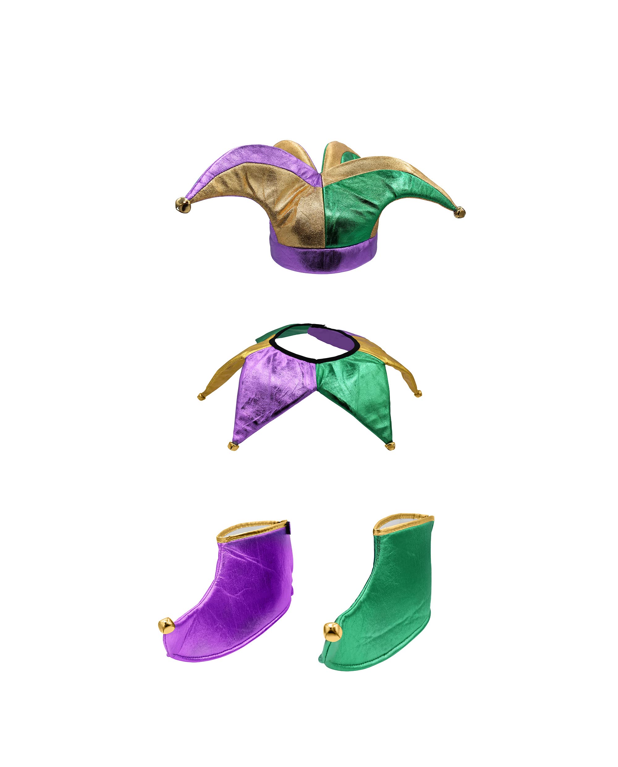 Nicky Bigs Novelties Adult Mardi Gras Jester Costume Accessories Set - Joker Clown Matching Jester Hat Collar Shoe Covers Set, Purple Gold Green
