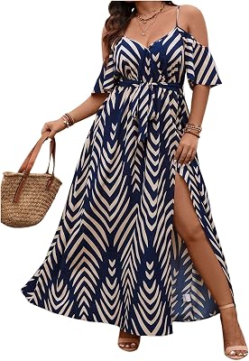 Floerns Women's Plus Size Cold Shoulder Short Sleeve Split Thigh Long Dress