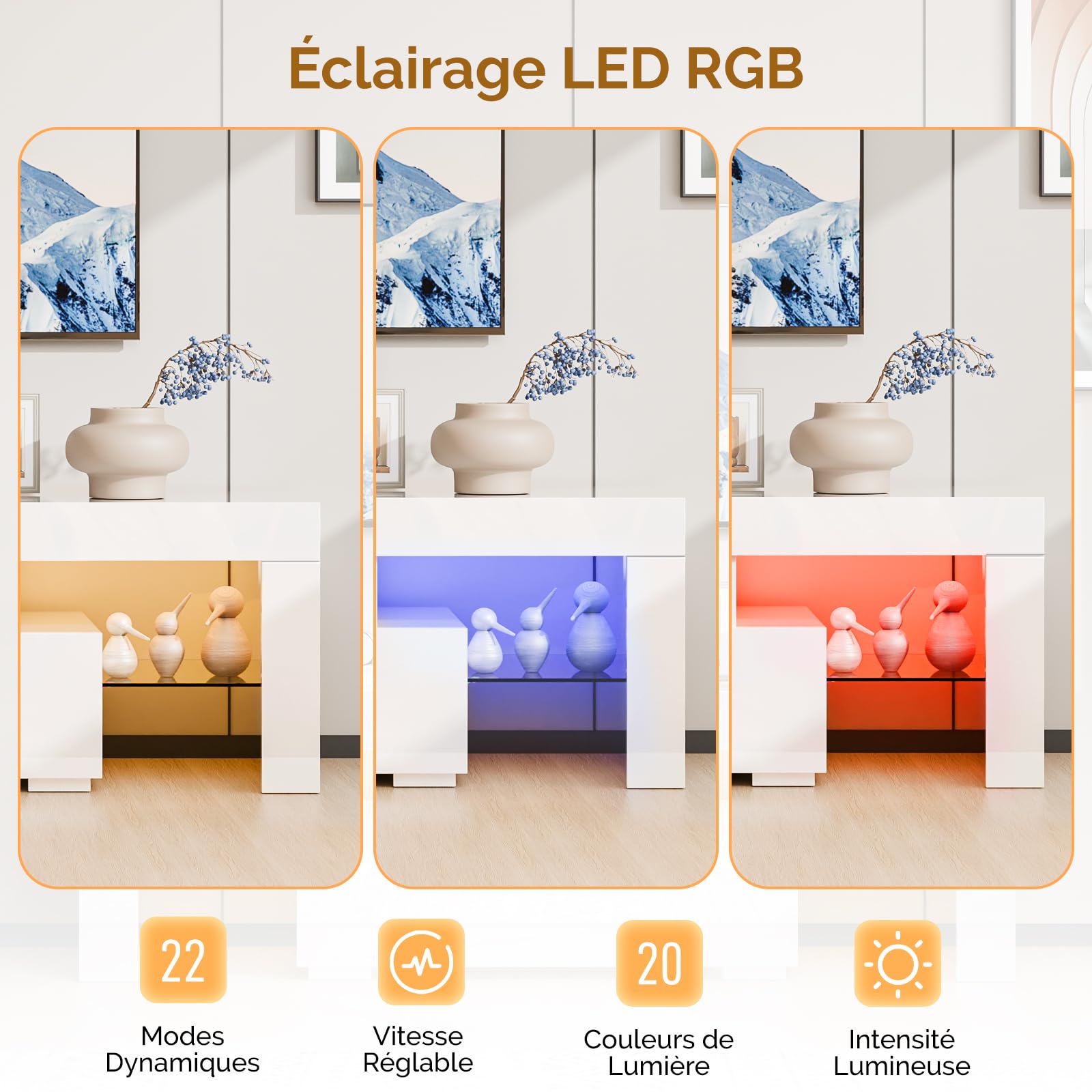 Bonnlo Meuble TV avec LED, Banc TV, Noire, Meuble TV avec Rangement, Meuble télé pour Salon, Chambre, 130 x 35 x 45cm (Blanc)
