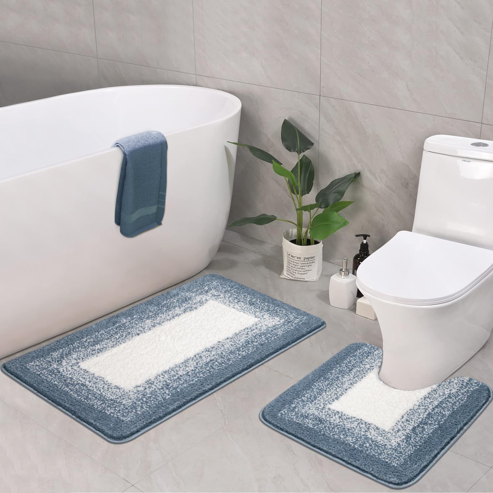 Alfombra Baño 2 Piezas de Microfibra, Absorbente Alfombrillas baño de Pelo Largo y Alfombrillas para Inodoro, Antideslizante y Lavable(80x50cm+50x50, Azul)