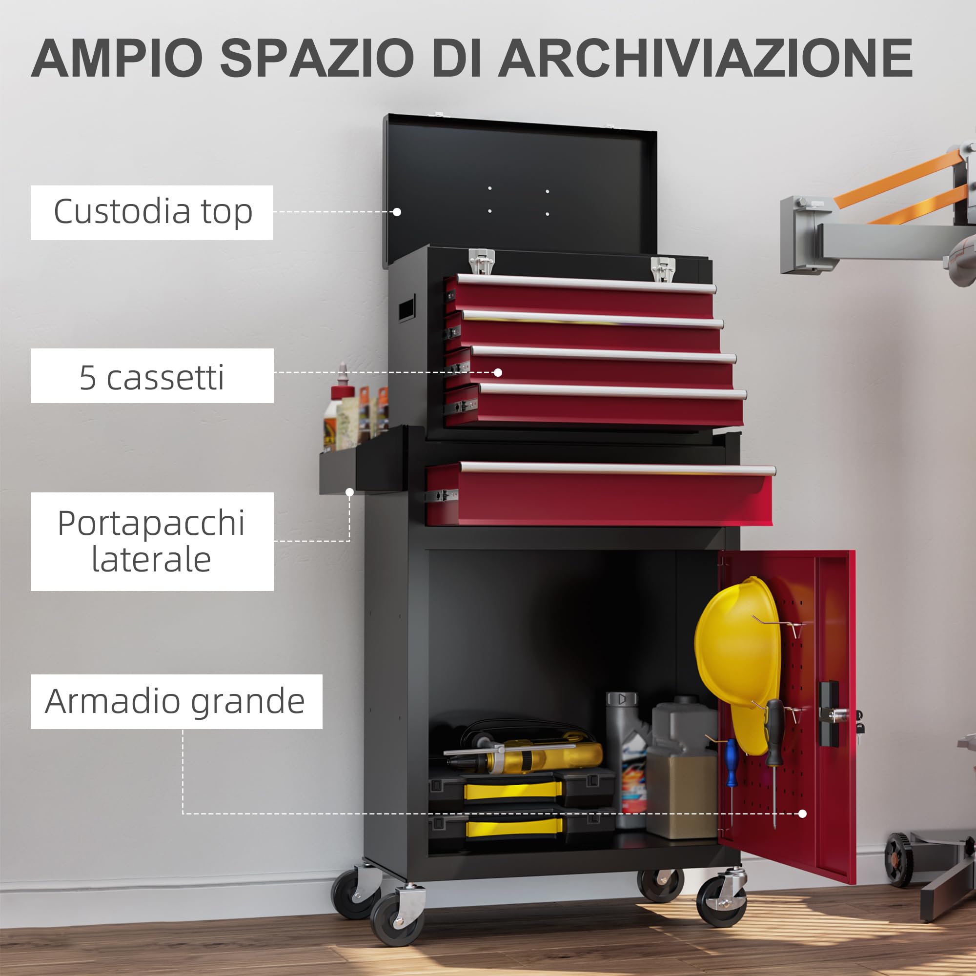 HOMCOM Carrello Porta Attrezzi, Portattrezzi 5 Cassetti, Ruote, Rosso | Cassetta Portautensili Rimovibile, Armadietto con Chiave in Acciaio