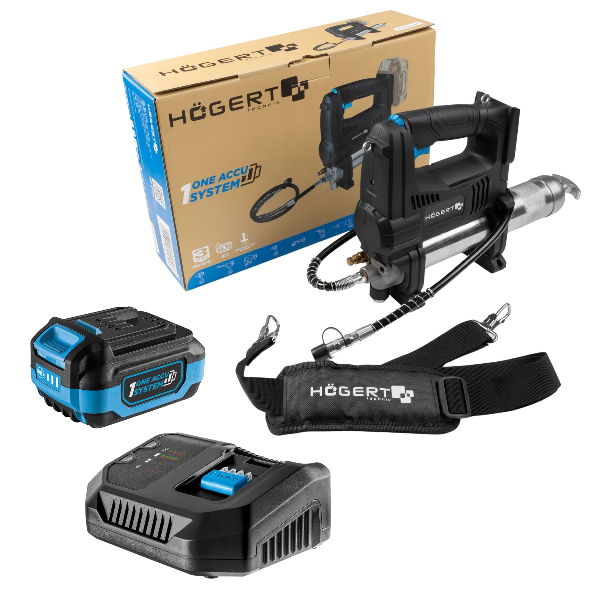Högert Technik Engrasadora a Batería 18V OneAccuSystem, 680 Bar, 280 g/min, Pistola de engrase con LED, válvula de Purga de Aire, Correa para Hombro, para Taller, Set mit Akku 4Ah + Ladegerät 4A
