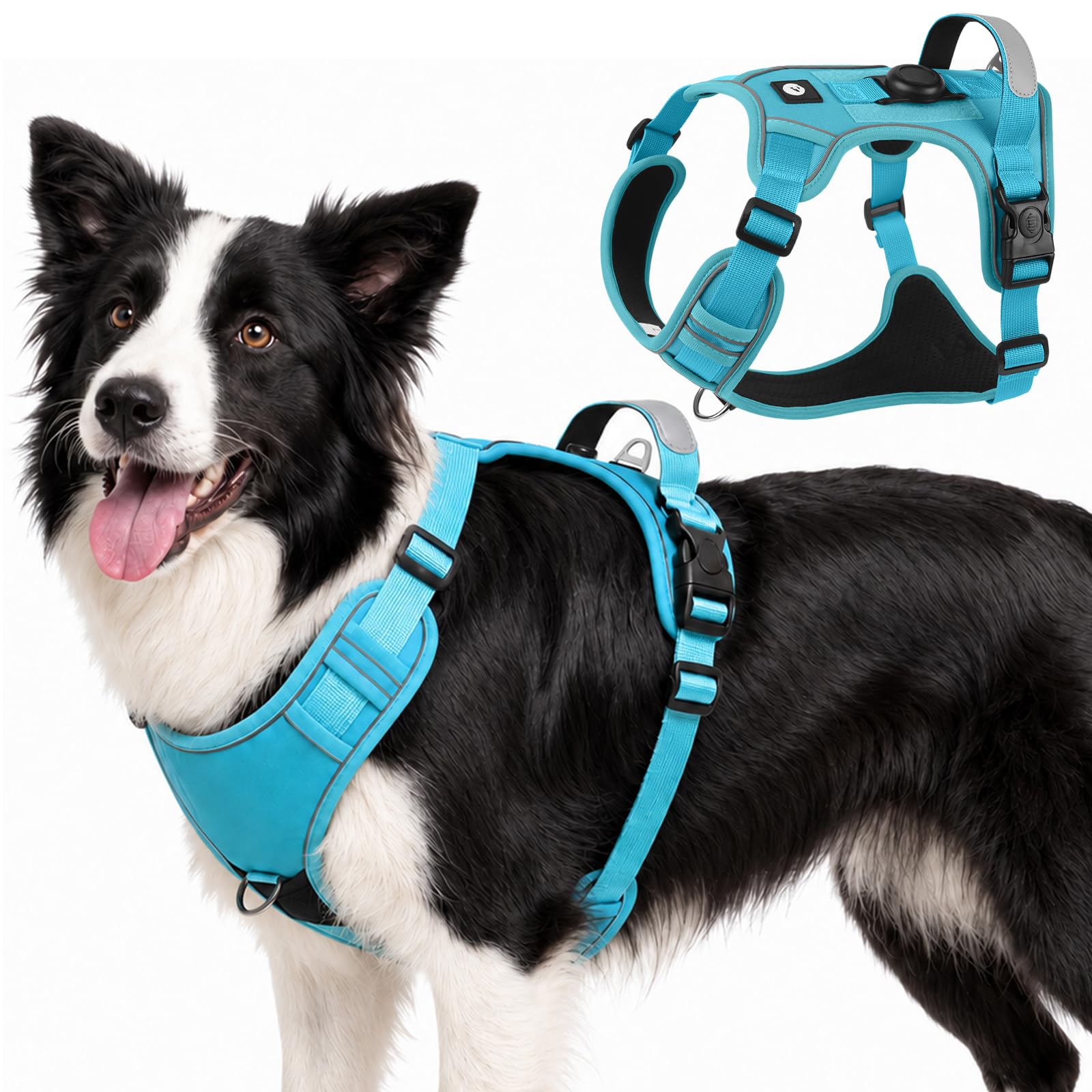 Olcyren Dog Harness with AirTag Holder for Small Medium Large Dogs, No Pull Adjustable Reflective Dog Harness with Front Clip, Anti Pull Soft No-Choke Breathable Harness with Handle (Blue, L)