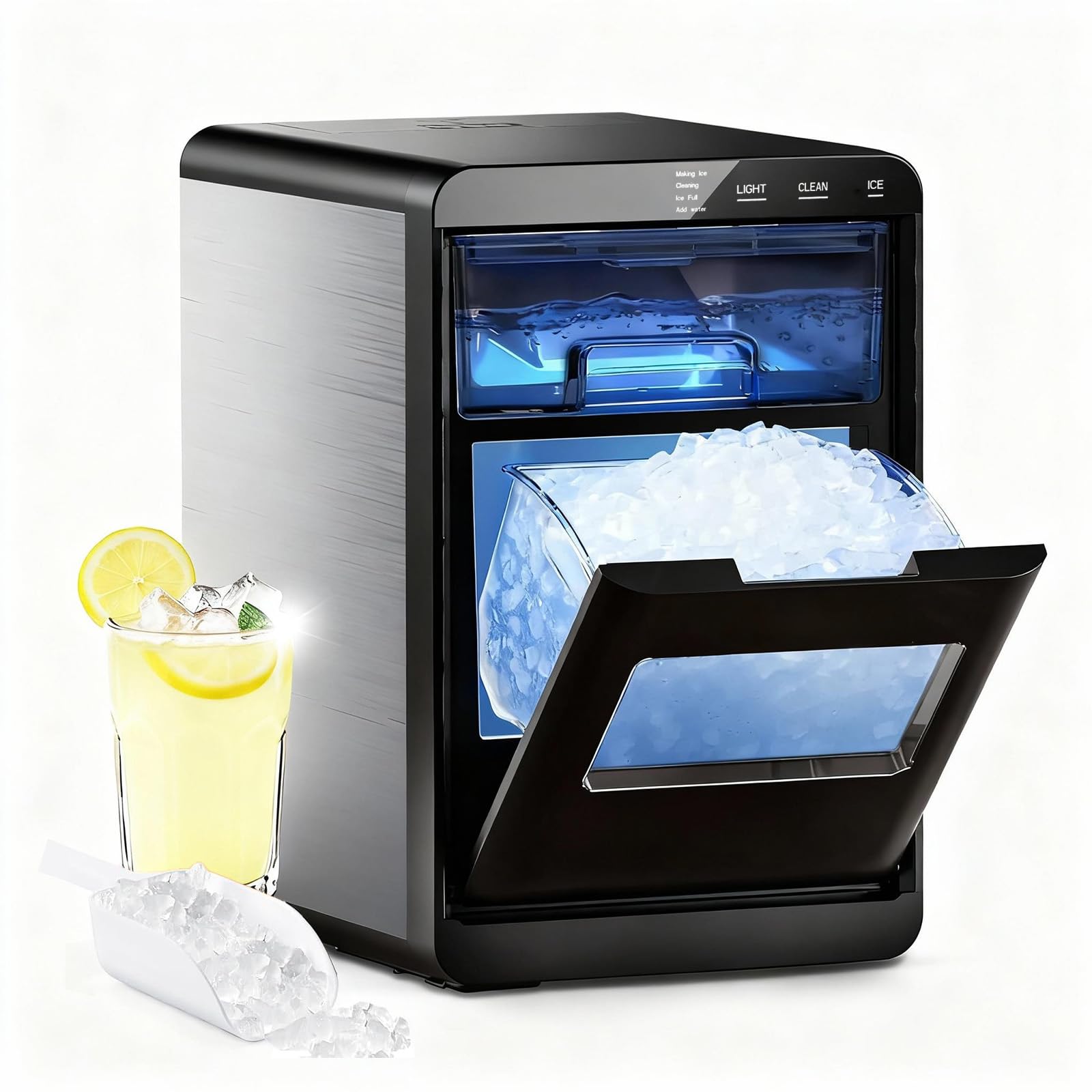 Nugget Ice Maker Machine, 44Lbs/24H Ice Machine & Countertop Ice Maker with Ice Scoop & Basket, Ready in 5 Mins | Self-Cleaning | Low Noise | Pellet Ice Machine for Home, Kitchen, Office