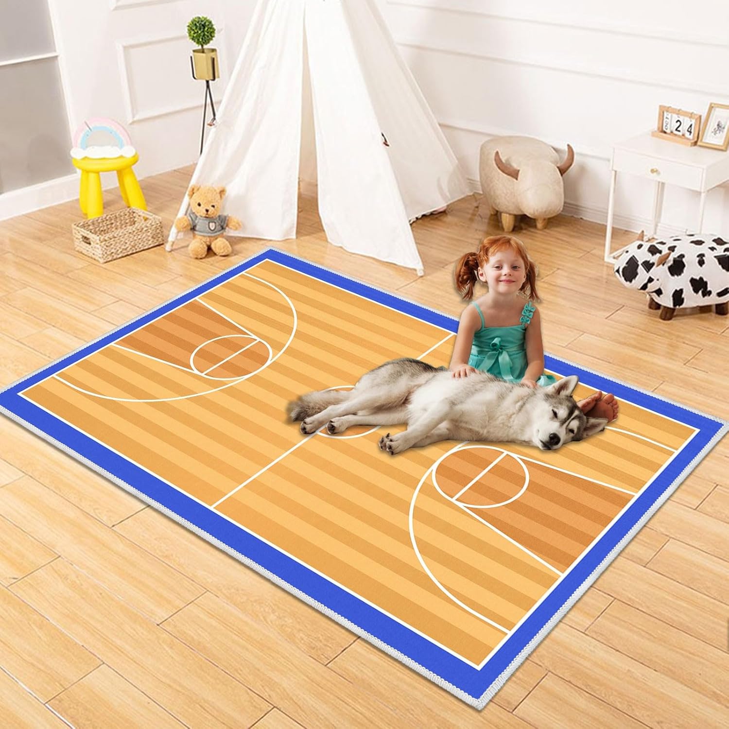 Kids Rug Basketball Court, Basketball Carpet for Boys Bedroom, Sports Theme Area Mat Soft Sport Carpet for Kids Room Decor, Non-Slip Washable Play Mat for Living Room(6.6×9.8ft/79×118in)