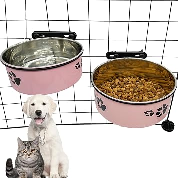 Dog Crate Food and Water Bowl 2Pcs Small Pet Hanging Kennel Removable Dish Feeding Cup with Holder for Medium Large Size Puppy Cat Pink, 6.3X2.5&7.1X2.7