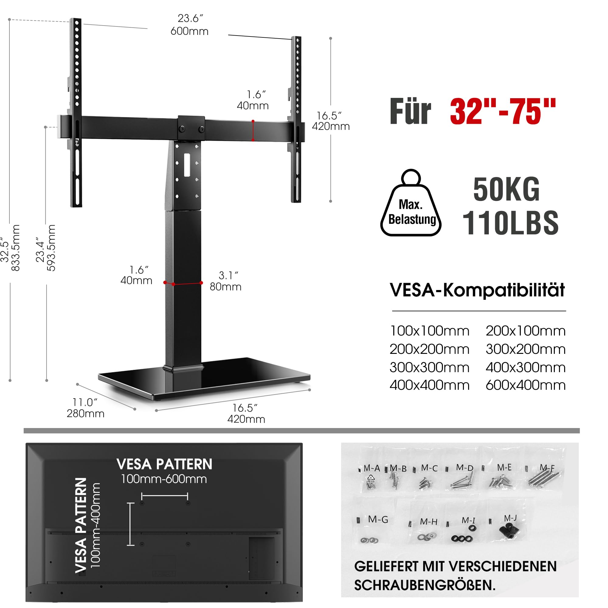 AOKCOS TV Standfuss TV Ständer Schwenkbar Höhenverstellbar für 32-75 Zoll Fernseher bis zu 50 KG, Höher 834mm Universal TV Standfüße Fernsehständer Max VESA 600x400 mm