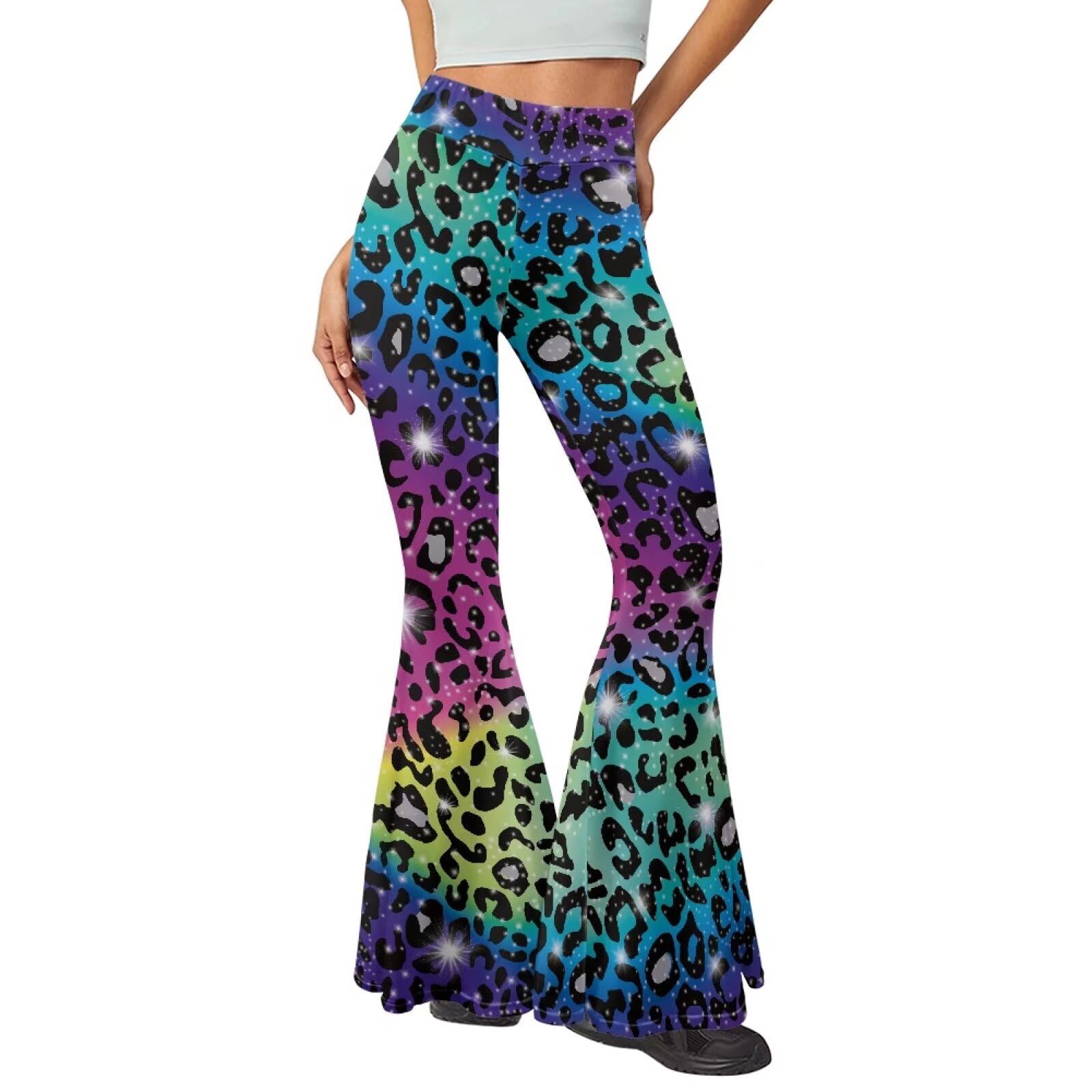 ELEDIZI Rainbow Leopard Flare Leggings High Waist Floral Petite Yoga Pants Petite Length, for Running Cycling Yoga Sport Dance Pilates Size M