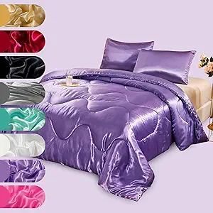 A Nice Night Satin Silky Soft Quilt Sexy Luxury Super Soft Microfiber Bedding Comforter Set, Light Weighted (Violet, King(102-by-88-inches))