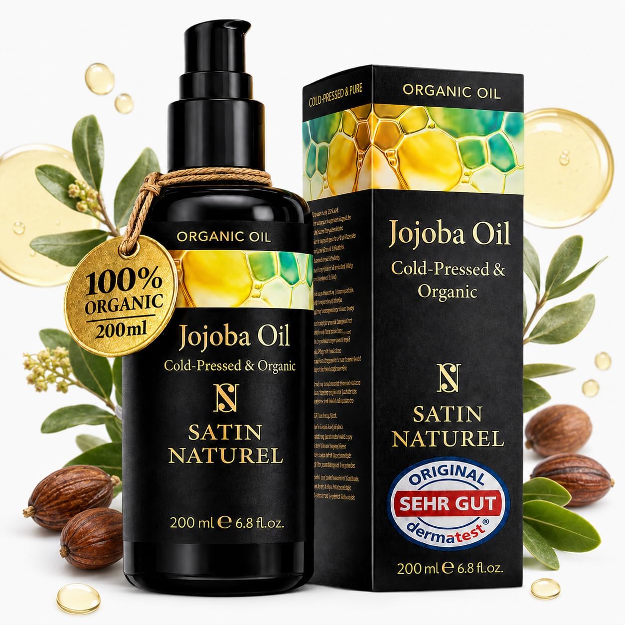 Organic Cold Pressed Jojoba Oil 200 ml – 100% Pure Jojoba Oil – Face & Body Oil for Skin, Hair & Nails – Vegan Natural Hydrating & Anti Ageing Care