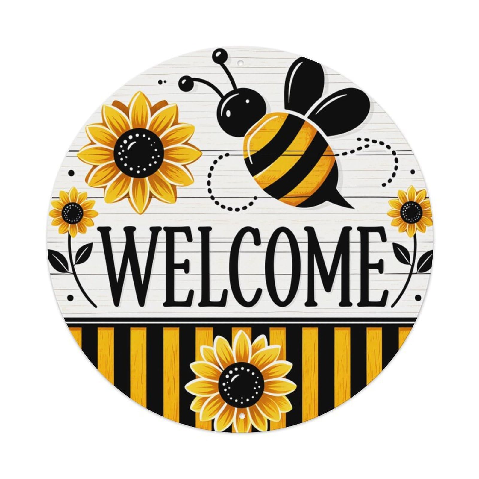 Bee Sunflower Welcome Stripes Pattern Round Tin Sign Retro Metal Sign for Cafe Bar Pub Home Game Room Gym Club Wall Decoration Vintage Metal Poster 8x8 Inch