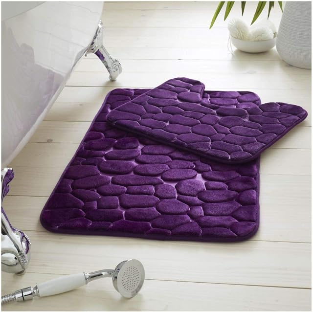 GC GAVENO CAVAILIA 2 Piece Pebble Bath Mat Non Slip Pedestal Set, Extra Absorbent 100% Memory Foam Bathroom Mat, Purple, (50x80, 50x40 cm)