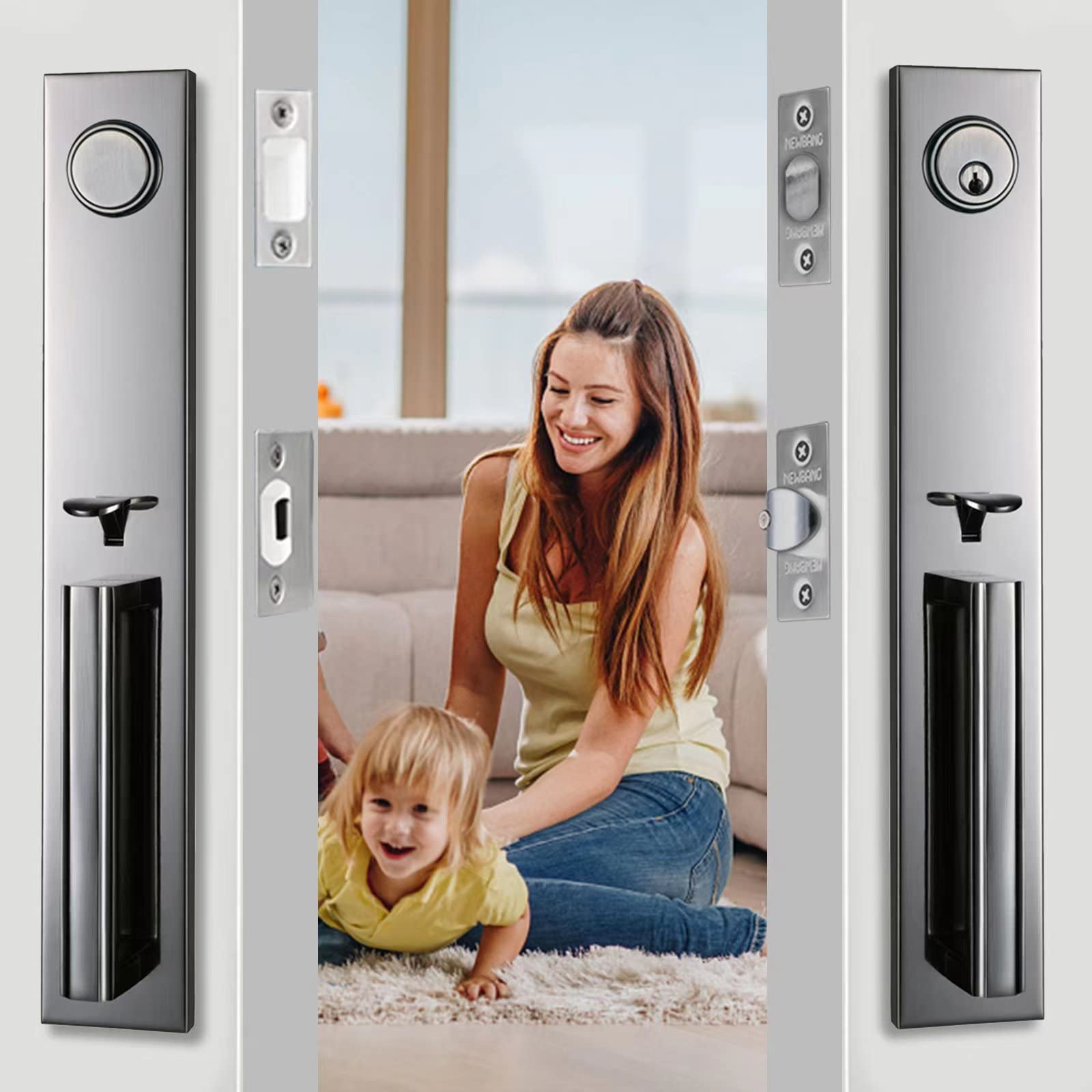 NEWBANGKeyed and Dummy Double Door Handleset for Front Door in Pewter Finish, MDHST2016SET-BR-1