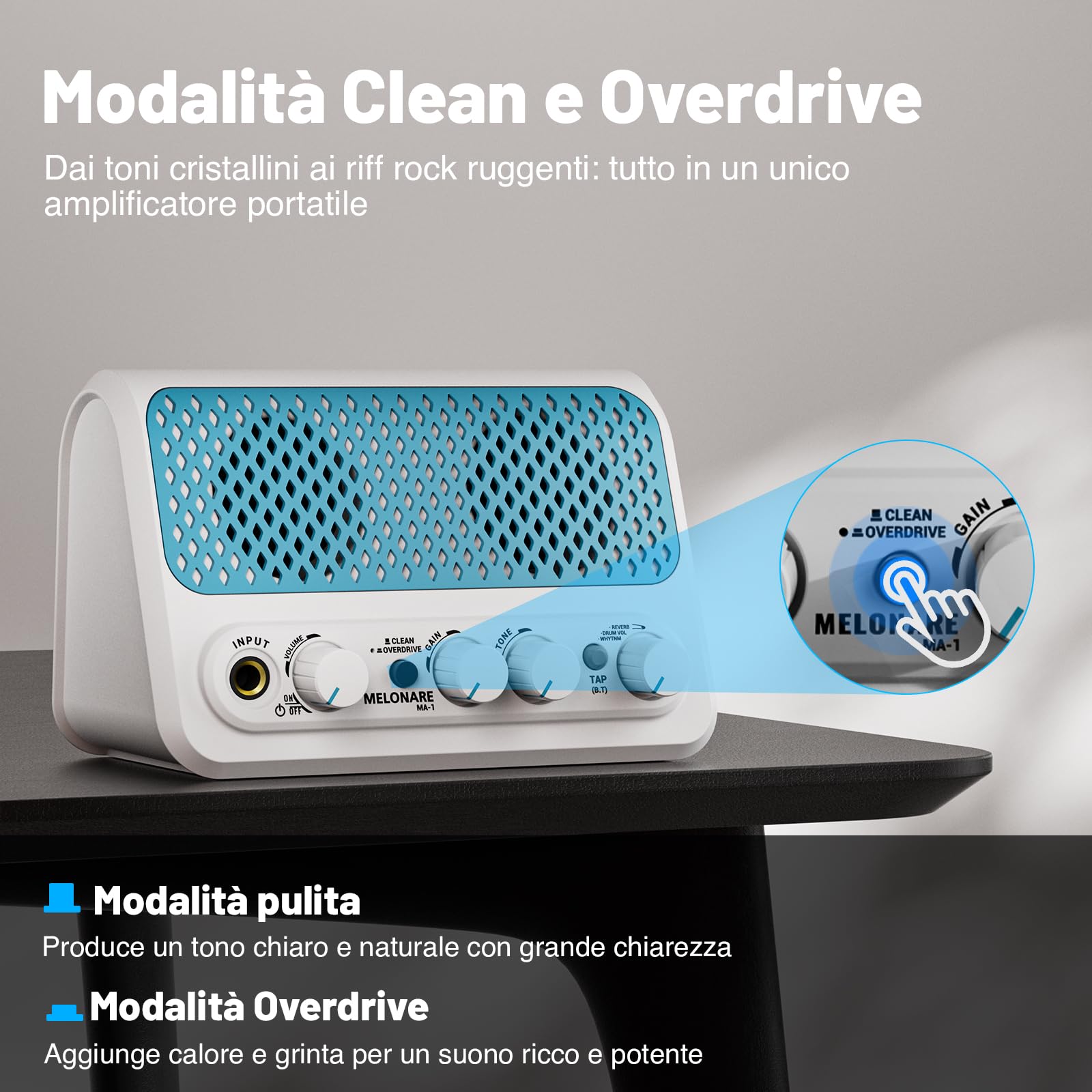 MELONARE Amplificatore mini per chitarra 10W 30 ritmi Clean MA-1 | Riverbero, BT 5.3, fino a 6 ore di autonomia, amplificatore portatile per esercitarsi, principianti, dormitorio e viaggi