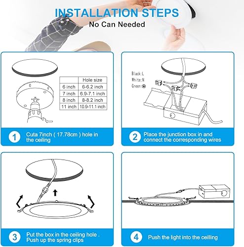 Miniatura 4 de Paquete de 12 luces empotrables LED ultrafinas 3CCT de 7 pulgadas con caja de conexiones, 3000 K4500 K6000 K seleccionables, 18 W Eqv 125 W, luz