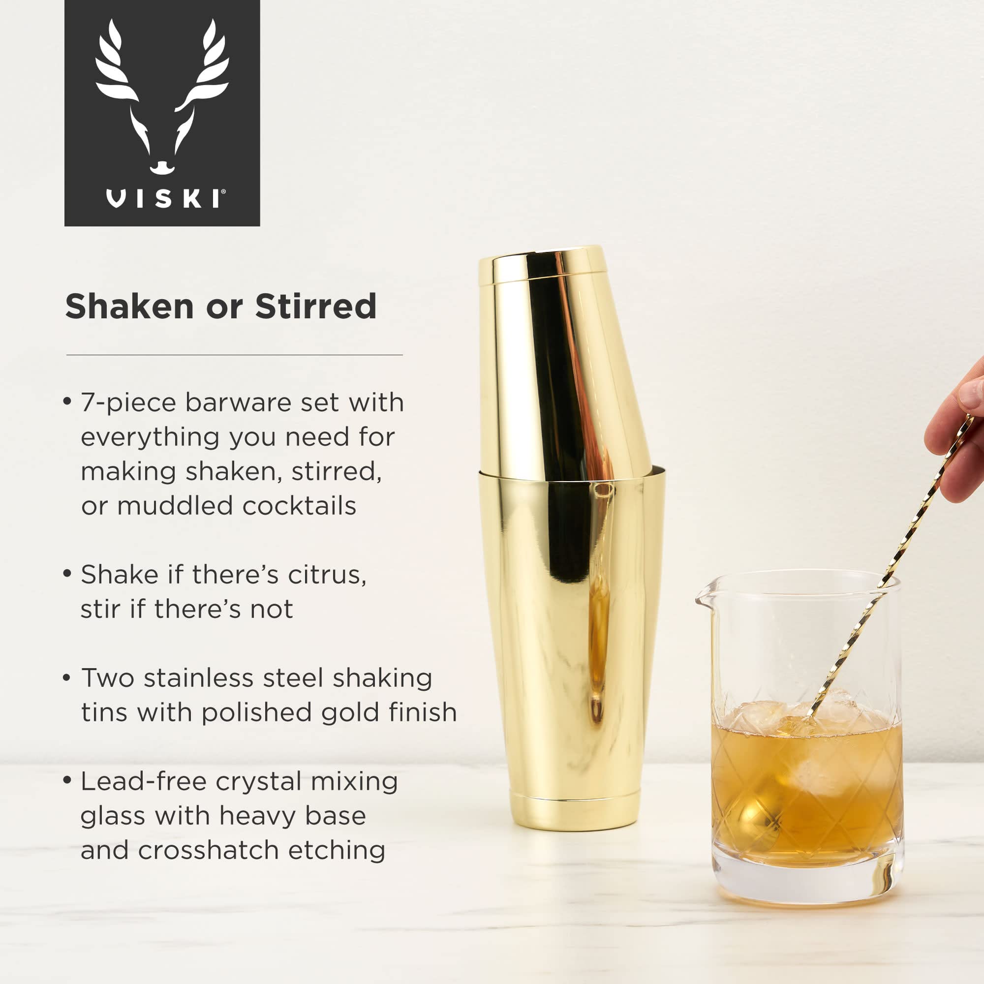 Viski Juego de coctelera Dorada, Juego de Barra Dorada para cócteles, coctelera, Vaso Mezclador, Cuchara y Accesorios de Camarero, Juego de 7 de Acero Inoxidable