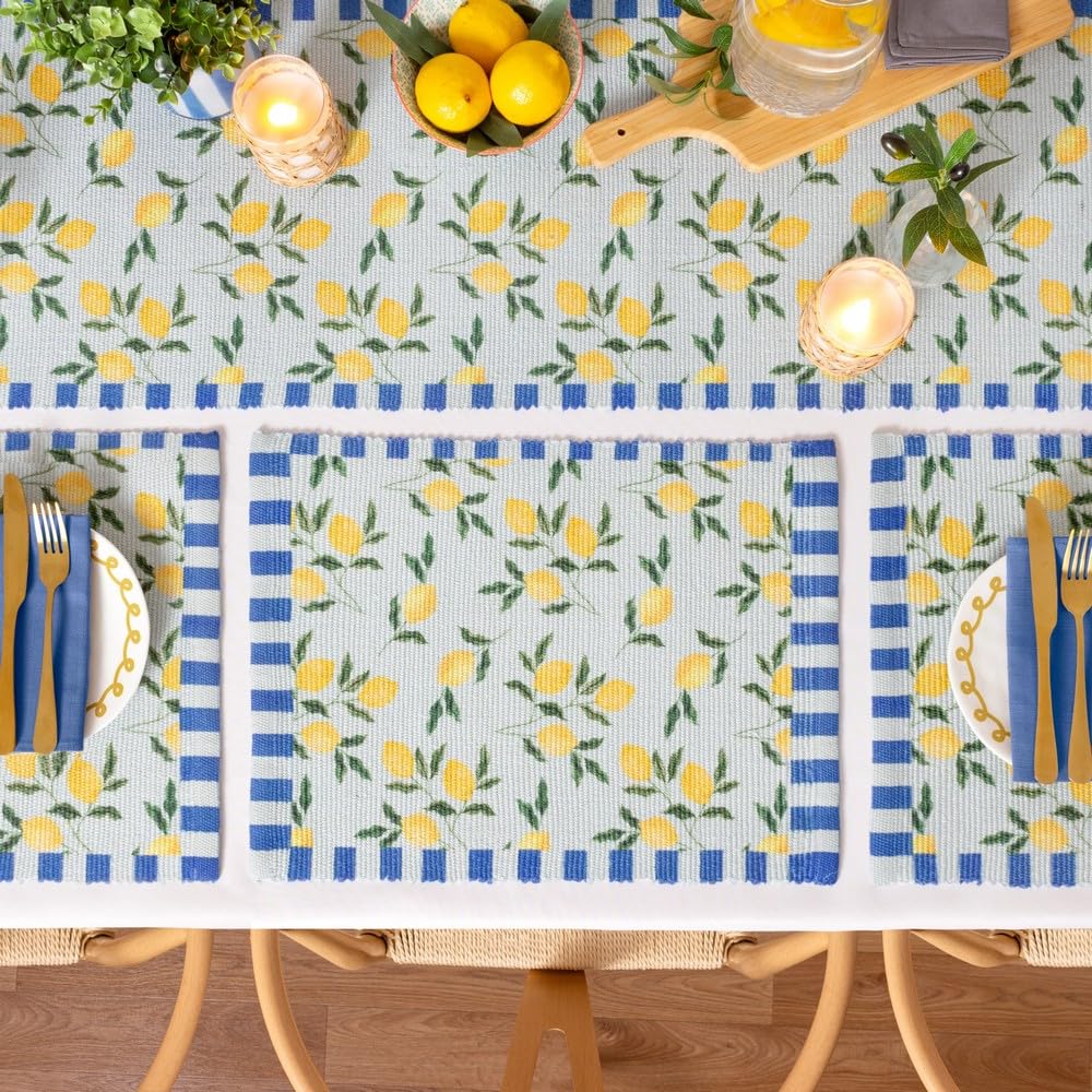 furn. Lemons Placemats - Washable Striped Mediterranean Fruits Set of 4 Quick Drying Table Mats (Blue - 46x36cm) - Image 2