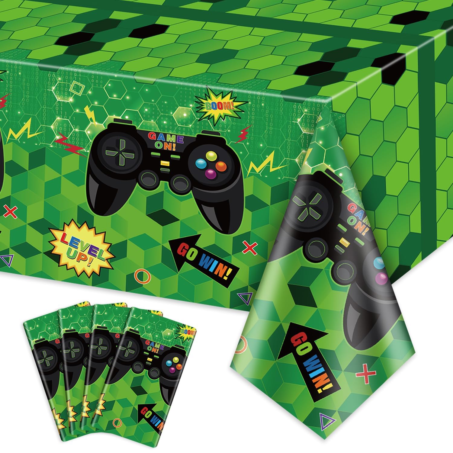 PIXHOTUL 4 Pcs Video Game Tablecloths, 130 x 220cm Plastic Table Covers Green Gaming Birthday Party Decorations for Boys Kids' Gamer Party Supplies — image 1