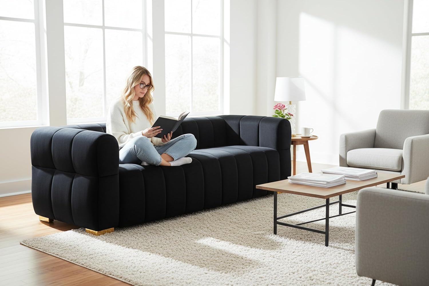 Container Furniture Direct Luna Deco Velvet Sofa with Tufted Low Back Design, Sophisticated 3 Seater Couch for Living Rooms, 89 Inch Wide, Easy Assembly, Black