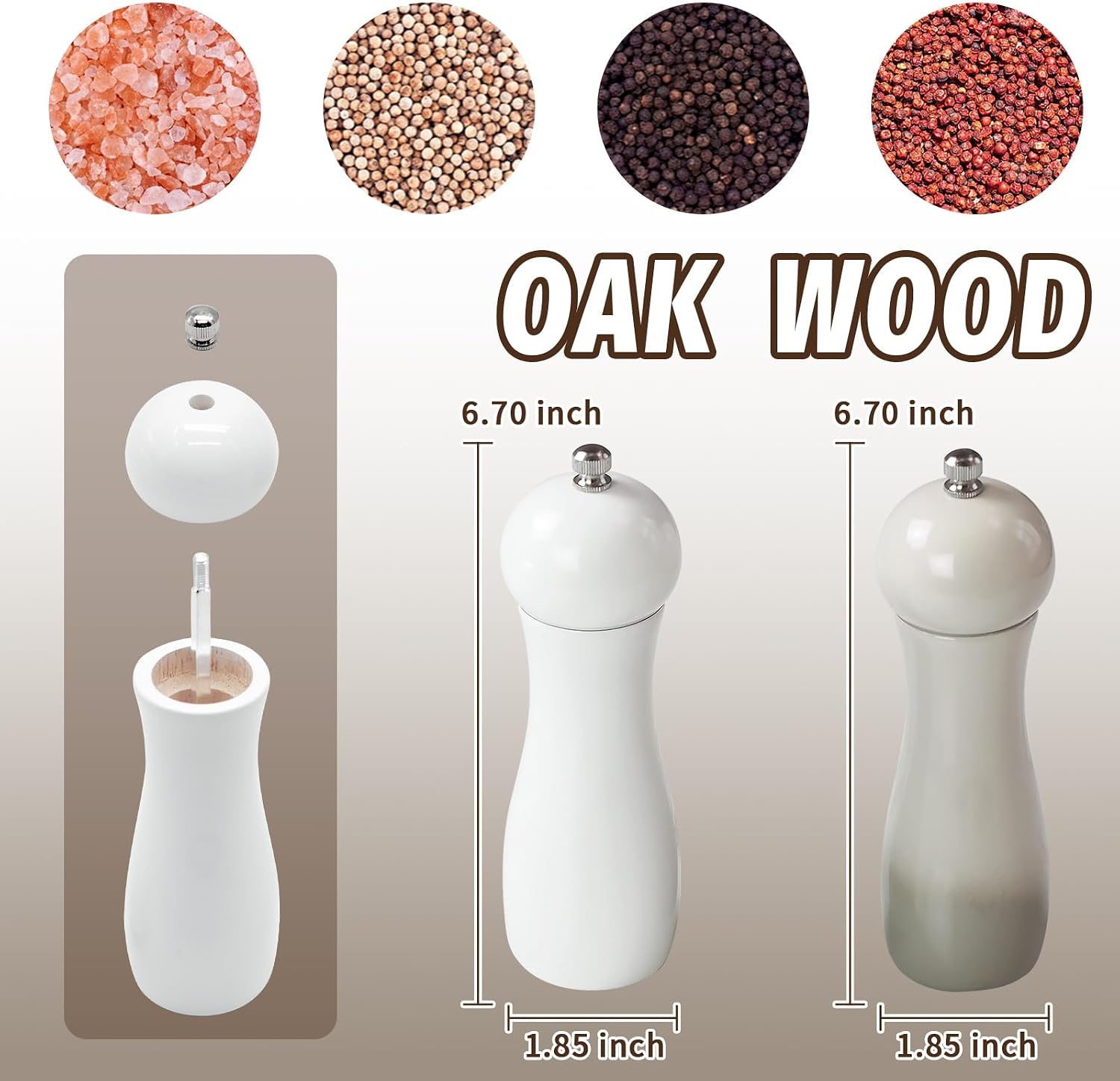 SHIKORI Manual Wooden Salt and Pepper Mills Shakers, 6.5 inch Salt and Pepper Grinders Set,Ceramic Rotor with Strong Adjustable Coarseness-White-2Pcs