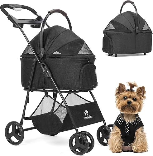 Miniatura 9 de Cochecito para mascotas, carrito de paseo para mascotas de 4 ruedas para perros y gatos medianos/pequeños, cochecito plegable para perros con Verde
