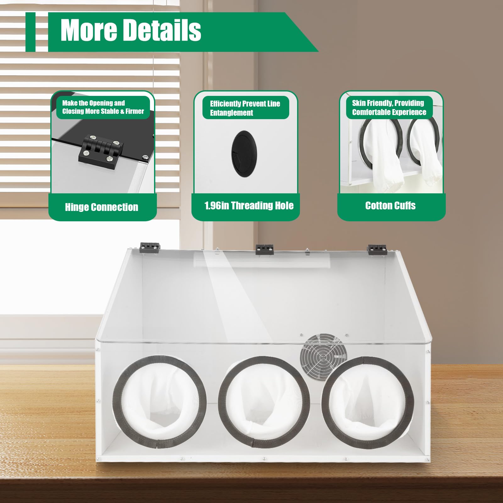 Caja de polvo acrílico cerrado 3 agujeros LED ventilador para pulido mesa de molienda | Hecho de PVC duradero y plexiglás, ventilador de 5500 rpm, bolsa para el polvo y luz LED. Ideal para grabado, pulido, lijado