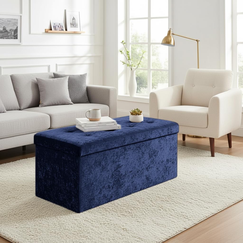 Home Republic Storage Ottoman, Padded Foldable Bench, Chest with Lid, Perfect for Bedroom, Hallway, Living Room (Crushed Velvet Navy Blue, 76x38cms) — image 1