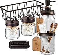 SheeChung 6-Piece Rustic Mason Jar Bathroom Accessories Set - Soap Dispenser, Toothbrush Holder, Q-Tip Jars, Soap Dish & Wire Basket, Farmhouse Decor