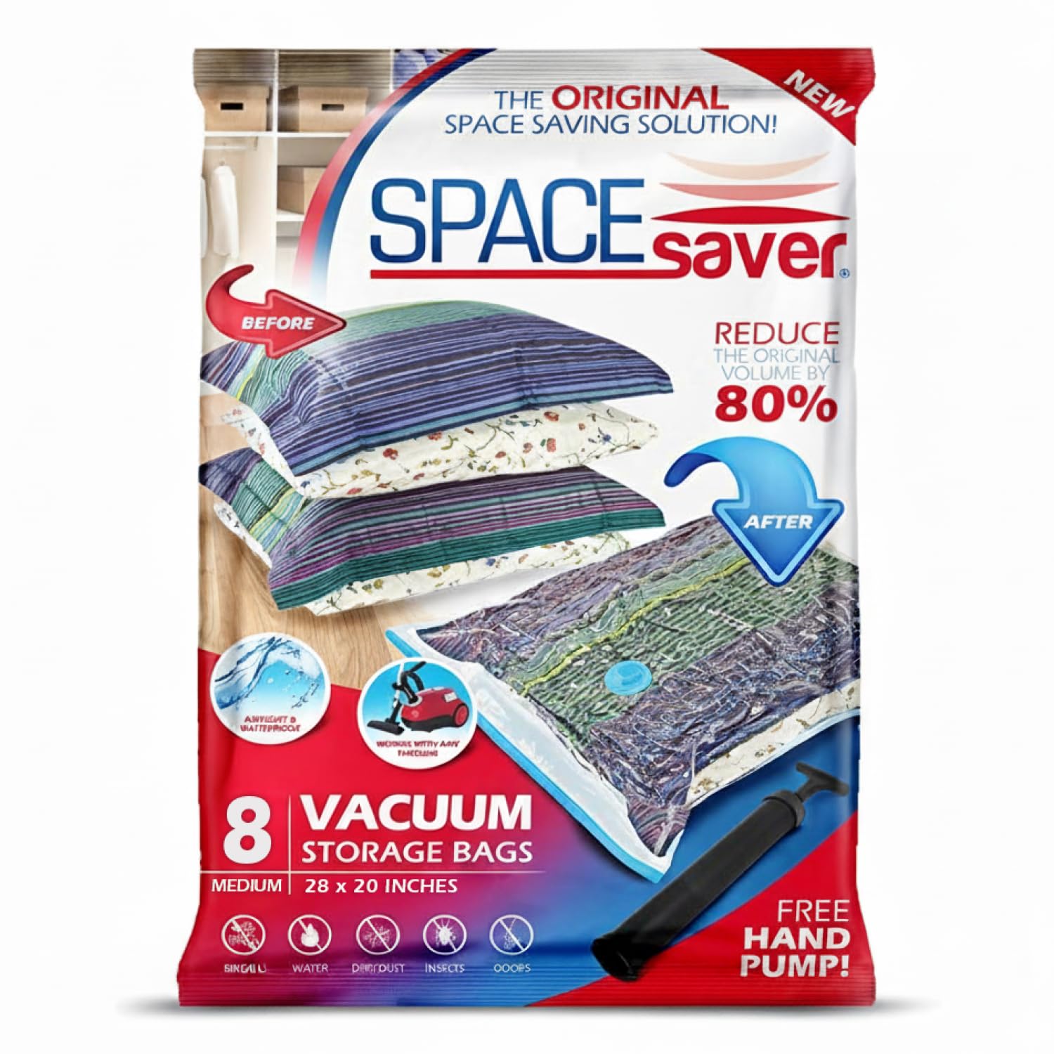 spacesaver 8 pack medium vacuum storage bags for comforters, blankets & clothes – vacuum sealed compression bags with hand pump – space saver storage bags for bedding, moving, travel & organization