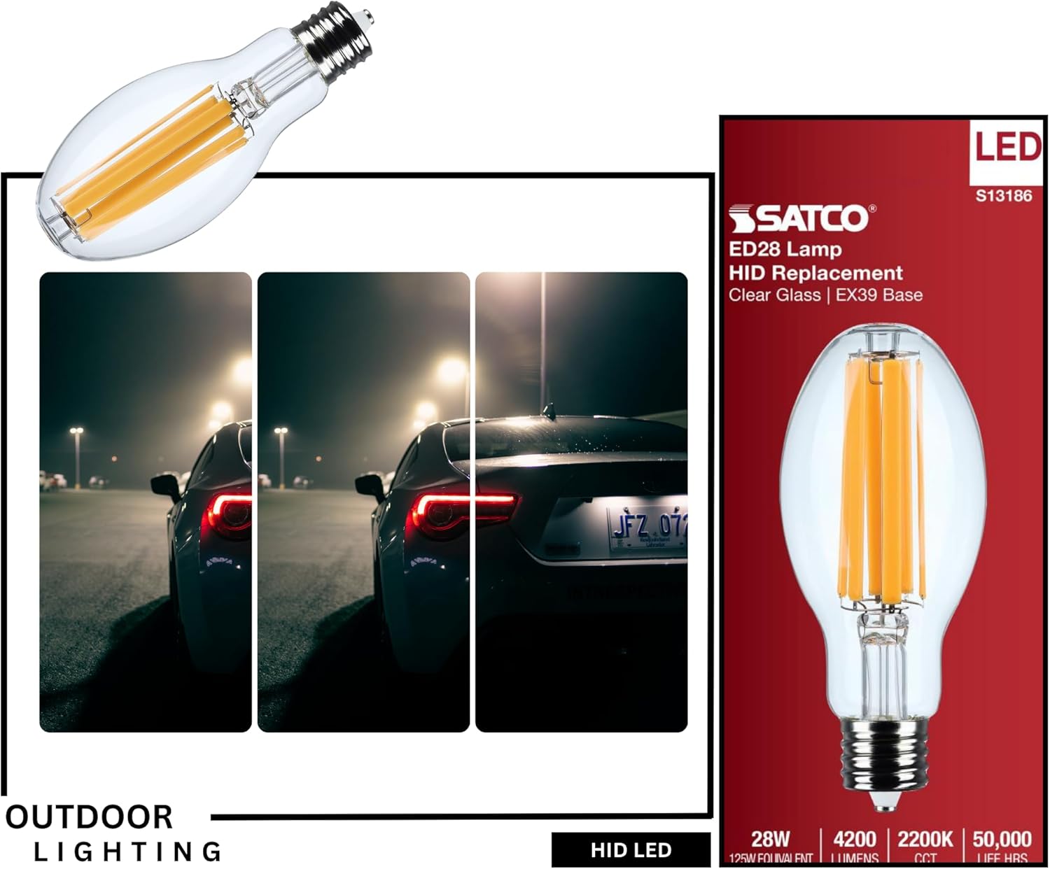 Satco S13186 28W LED HID Replacement Bulb, ED28, 2200K Warm White, 4200 Lumens, Extended Mogul Base (EX39), Clear Lens, 120-277V, Ballast Bypass, IP65 Wet Rated, Enclosed Fixture Approved