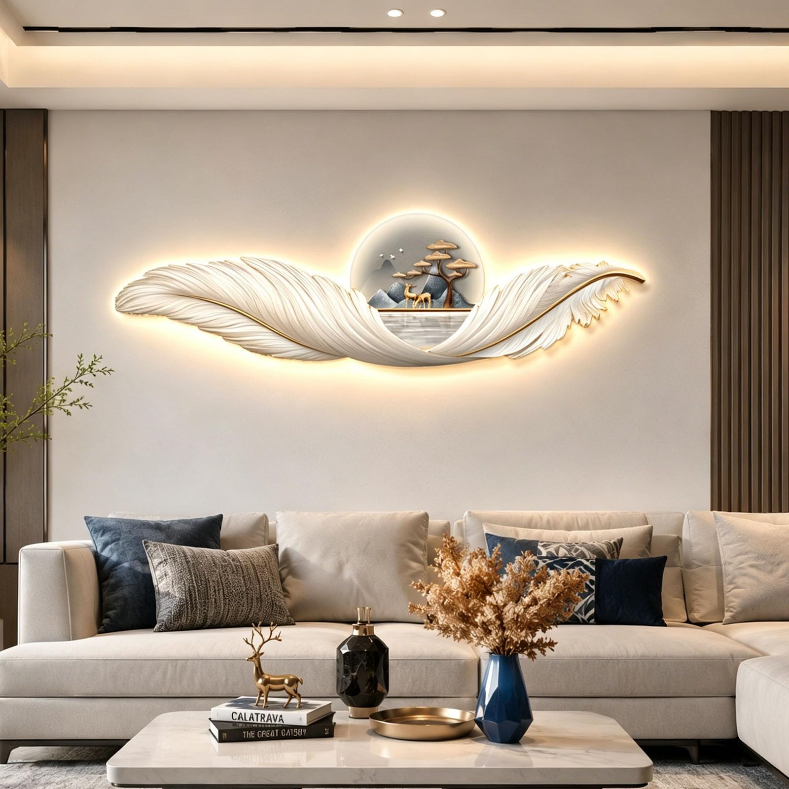 JSLXNDM 3D LED Wall Art Sculpture Lighted Decor, Modern Wall Art Feather & Deer Painting, Decorative Backlit Wall Hanging for Living Room, Bedroom Entryway Hallway A 47.2" × 15.7" (120×40 cm)