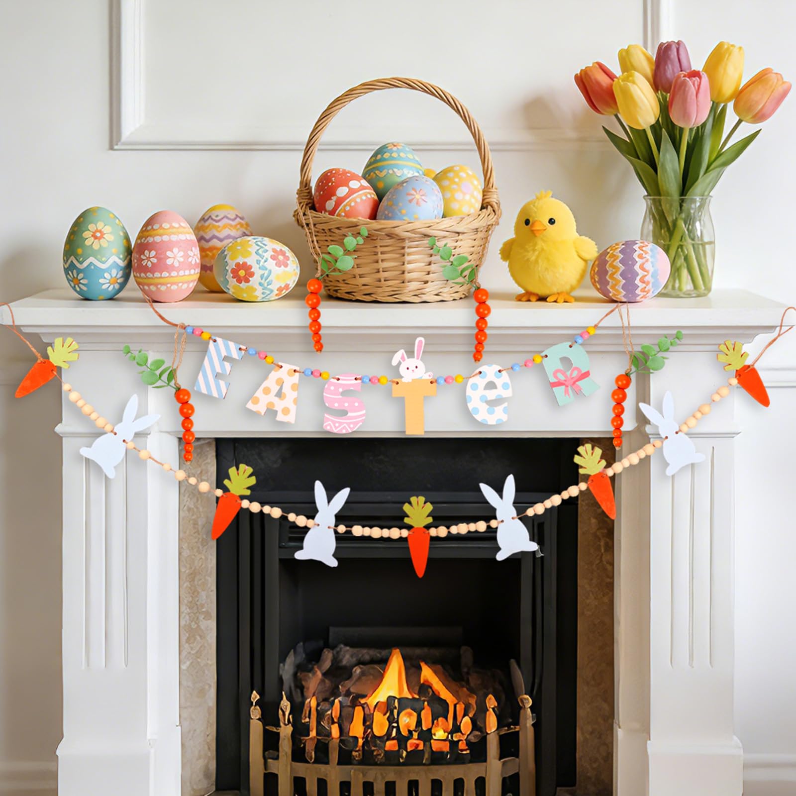 6Pcs Easter Decorations Wooden Garlands Set, 4.4 FT Bunny Carrot Garland, 2.4 FT Easter Banner, 0.7 FT Carrot Bead, Indoor Decor Rabbit Tags for Mantle Wall Fireplace Tiered Tray Farmhouse