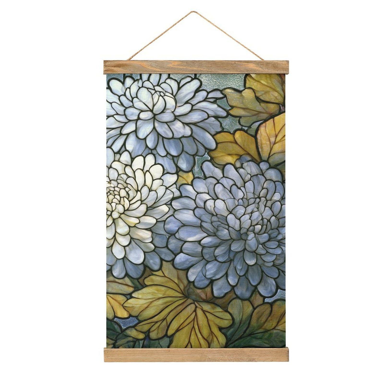 Jubonexis Floral White Chrysanthemum Flower Pattern Canvas Painting Wood Frames Poster Hanger Hanging Picture Kit Wall Art