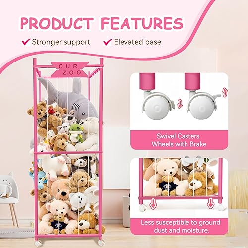 Miniatura 5 de Zoológico de almacenamiento de animales de peluche con ruedas, soporte de madera grande de peluches de animales, organizador de juguetes para niños,