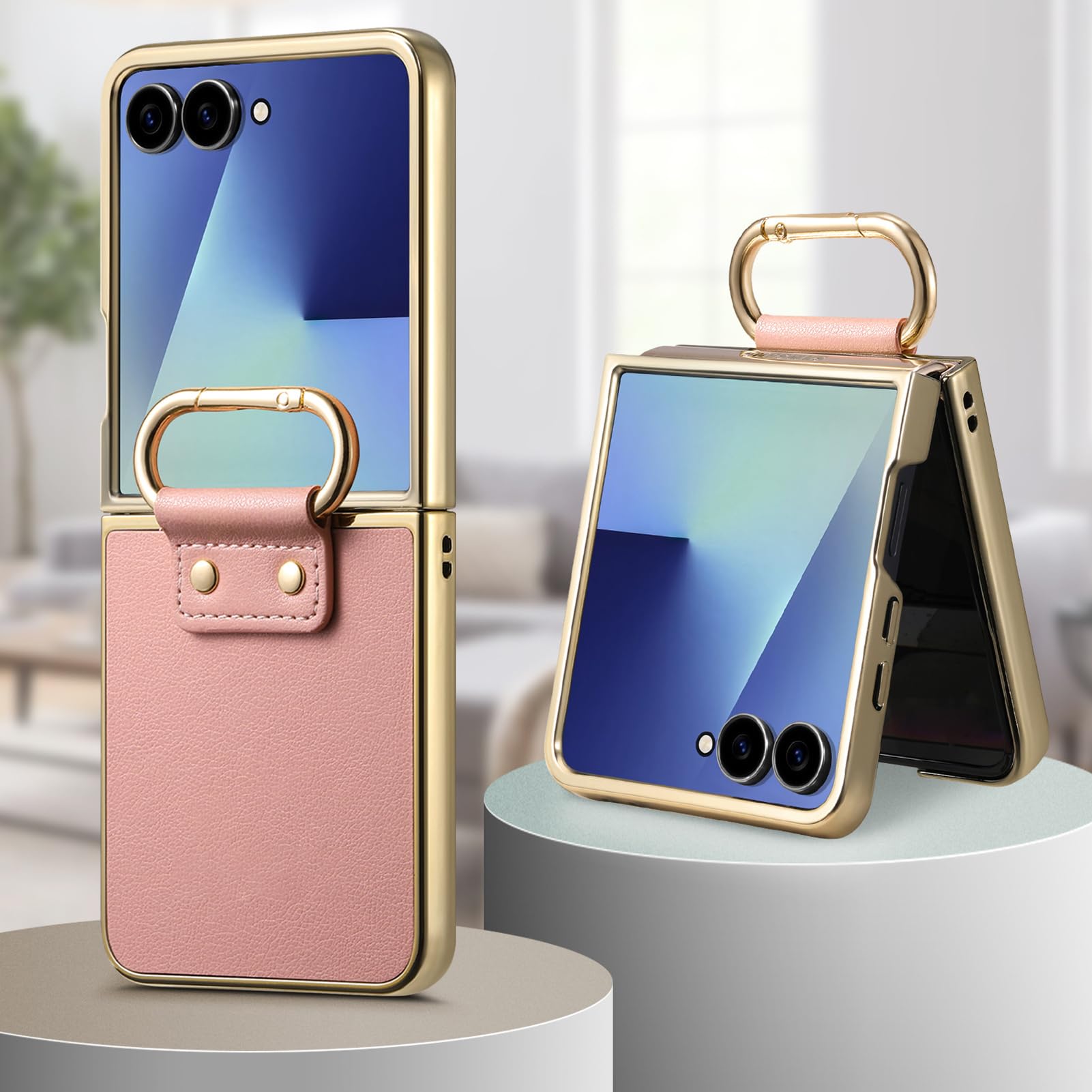 Skórzane etui do Motorola RAZR 70 Ultra/70+/70, platerowany pierścień wisiorek cienka obudowa stylowa złota krawędź zapobiegająca upadkowi pokrowiec, różowy, 70