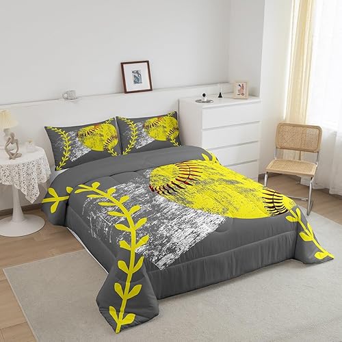 Miniatura 2 de Juego de edredón de sóftbol para niños y niñas, juego de ropa de cama de béisbol amarillo, tamaño Queen, ligero, edredón de plumas de grafiti
